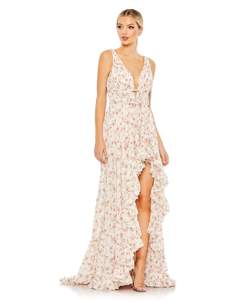 Floral print sleeveless ruffled high-low gown - Pink