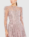 Embroidered Illusion High Neck A Line Dress - Lilac