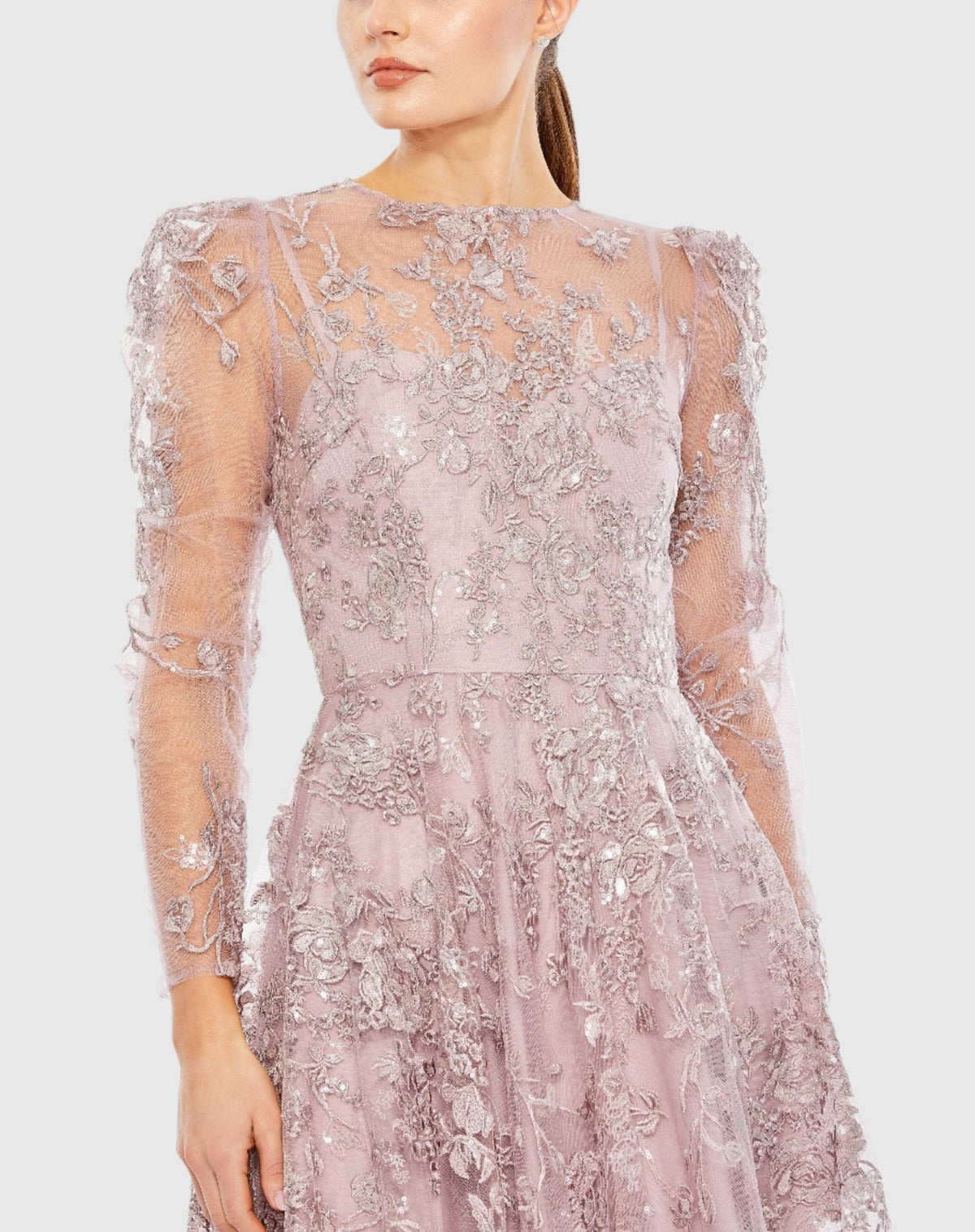 Embroidered Illusion High Neck A Line Dress - Lilac