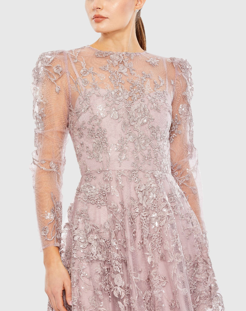 Embroidered Illusion High Neck A Line Dress - Lilac