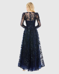 Embroidered Illusion High Neck A Line Dress - Lilac