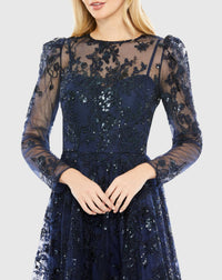 Embroidered Illusion High Neck A Line Dress - Lilac