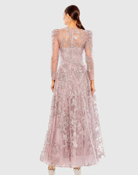 Embroidered Illusion High Neck A Line Dress - Lilac