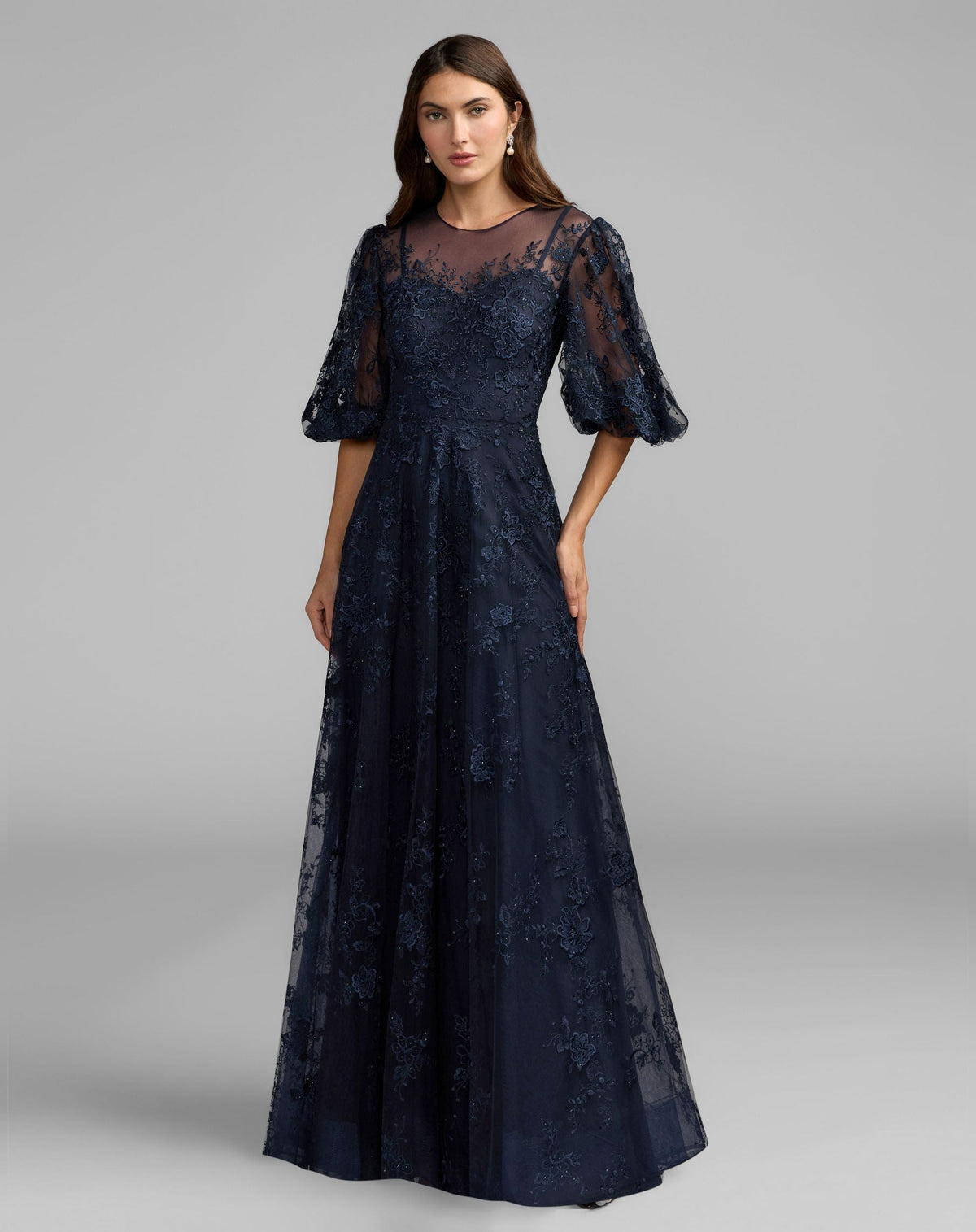 Mac Duggal 50671 Midnight embroidered illusion neck puff sleeve A-line gown - Front