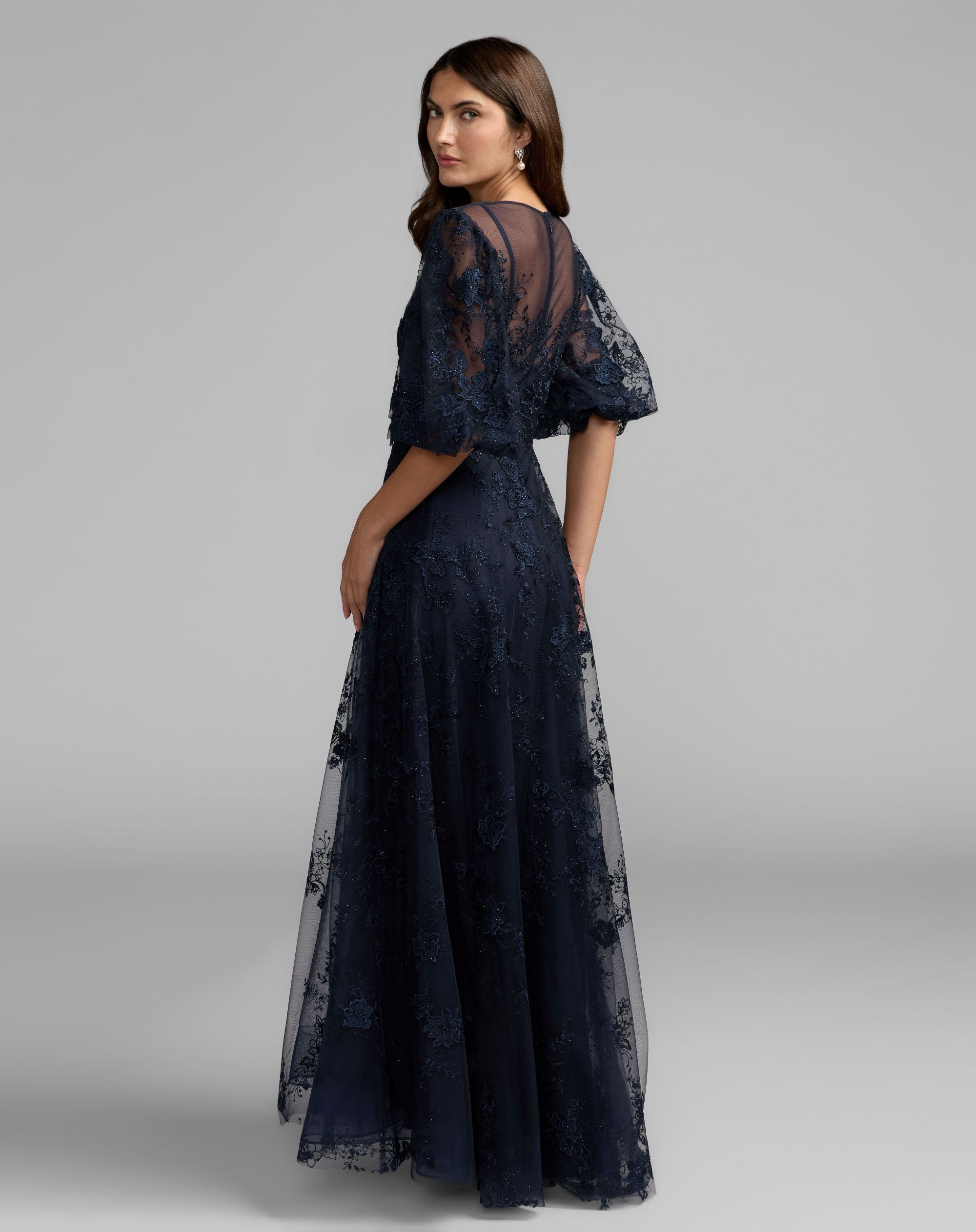 Mac Duggal 50671 Midnight embroidered illusion neck puff sleeve A-line gown - Back view