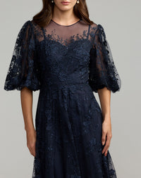 Mac Duggal 50671 Midnight embroidered illusion neck puff sleeve A-line gown - Close up detail