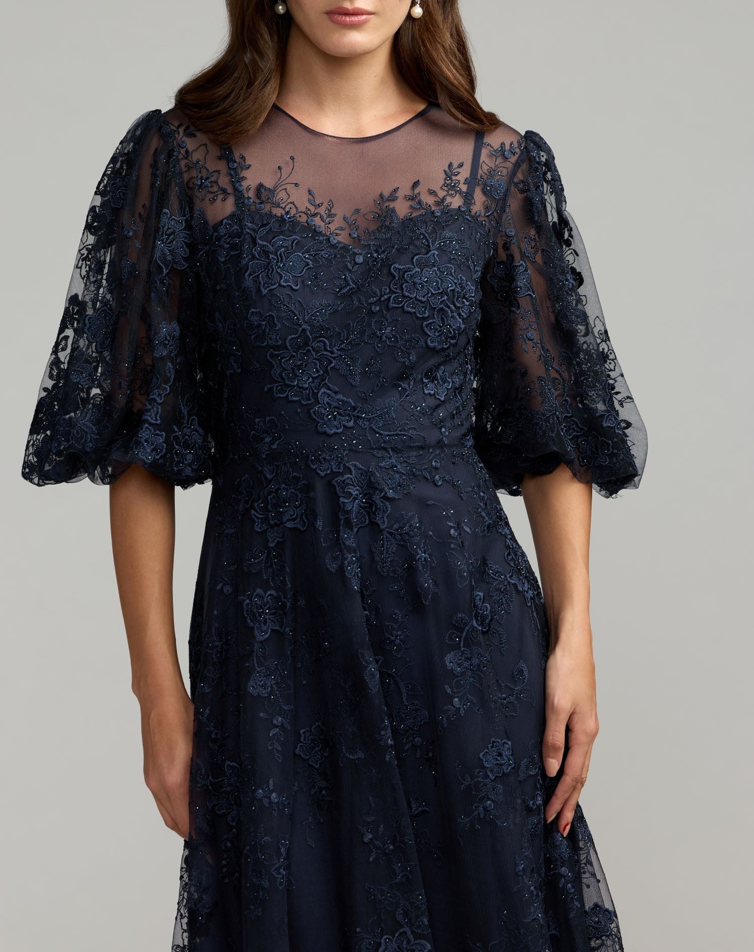 Mac Duggal 50671 Midnight embroidered illusion neck puff sleeve A-line gown - Close up detail