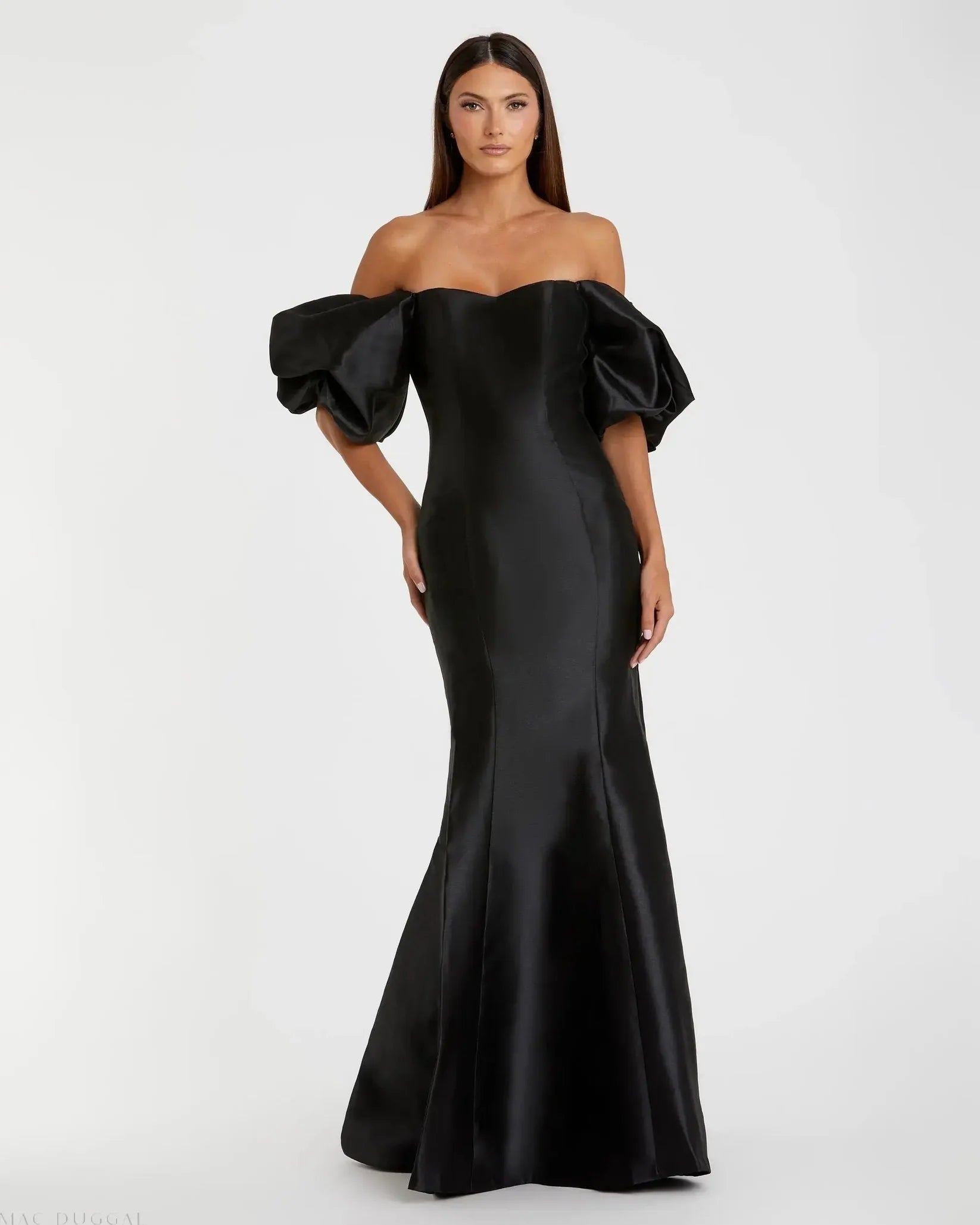 Mac Duggal Black Satin Off Shoulder Puff Sleeve Mermaid Gown #50677