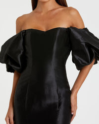 Black off-shoulder dress with ruffled sleeves on a white background