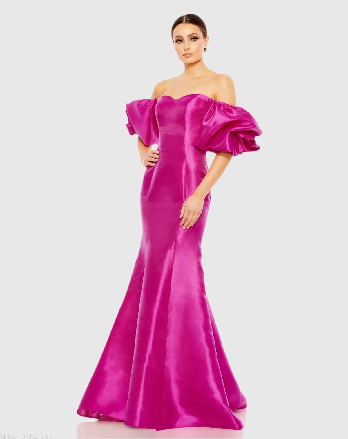 Mac Duggal Fuchsia Satin Off Shoulder Puff Sleeve Mermaid Gown #50677