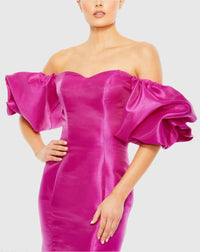 Pink off-shoulder dress with ruffled sleeves on a white background