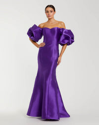 Mac Duggal #50677 purple sweetheart off the shoulder puff sleeve gown