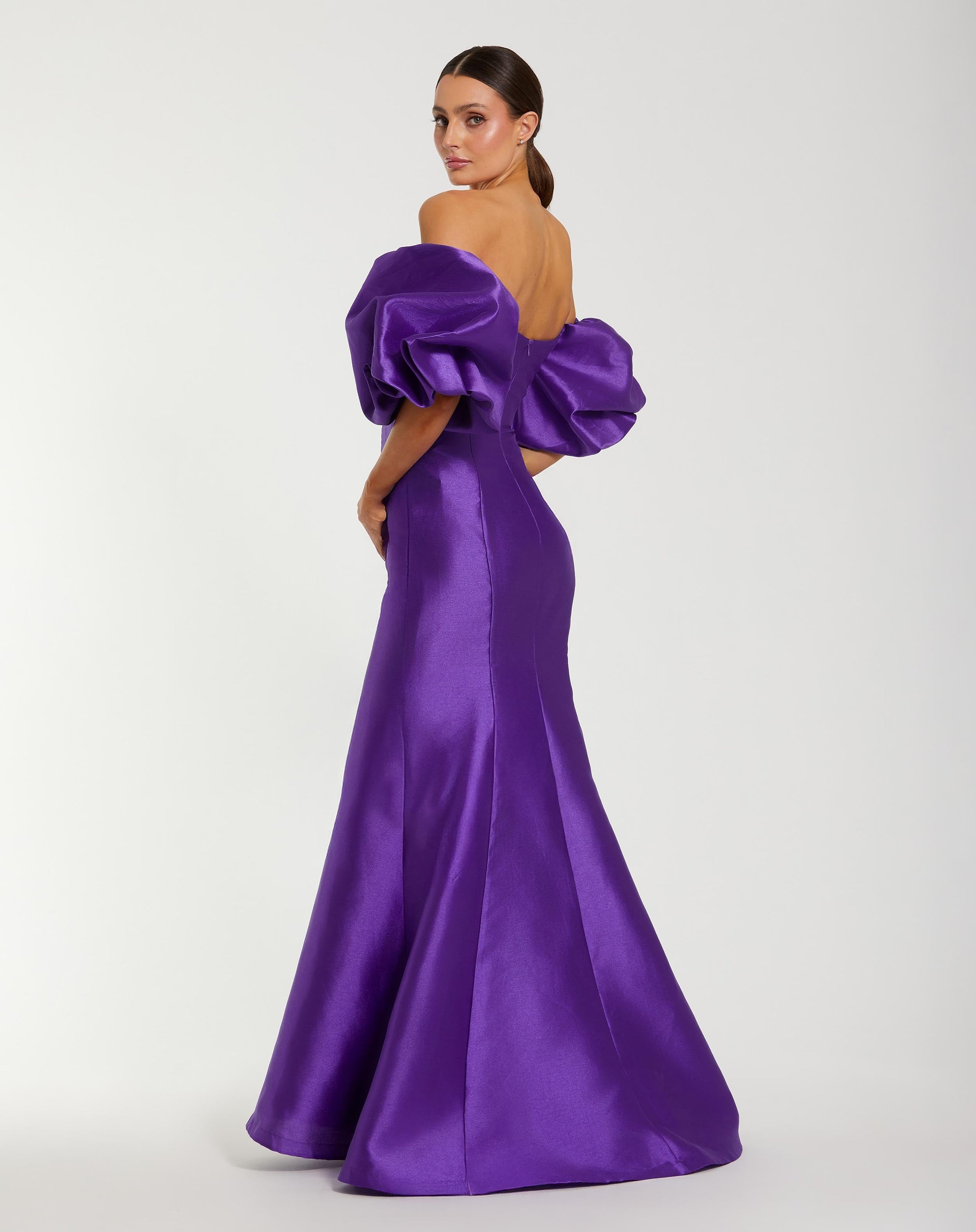 Mac Duggal #50677 purple sweetheart off the shoulder puff sleeve gown