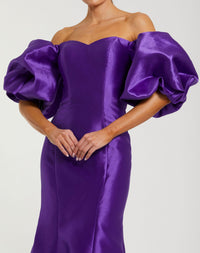 Mac Duggal #50677 purple sweetheart off the shoulder puff sleeve gown
