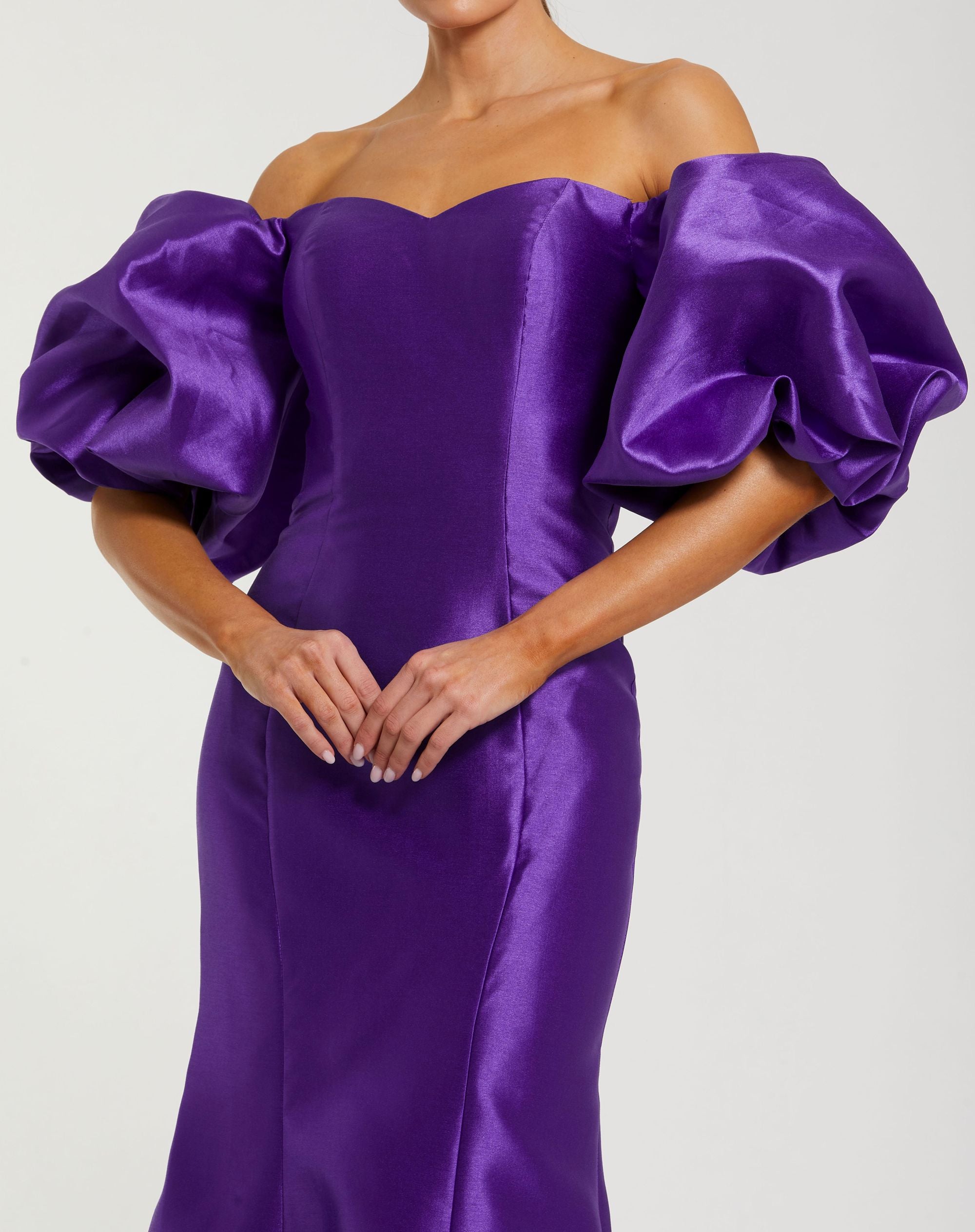 Mac Duggal #50677 purple sweetheart off the shoulder puff sleeve gown