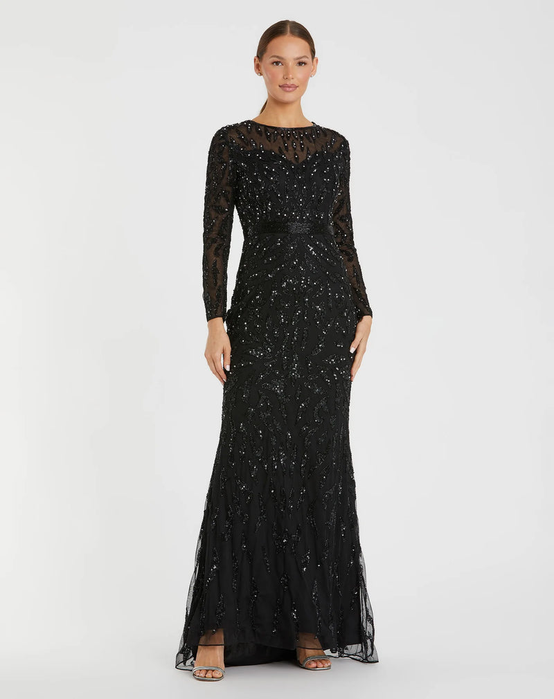 Beaded long sleeve evening gown - Mocha