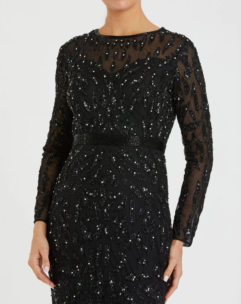 Beaded long sleeve evening gown - Mocha
