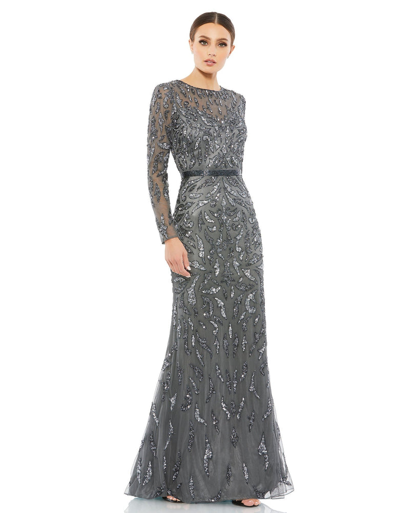 Mac Duggal Style #5124 Beaded long sleeve modest evening gown - charcoal grey