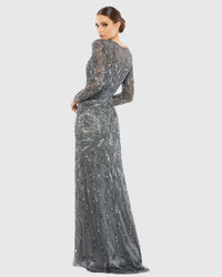 Beaded long sleeve evening gown - Mocha