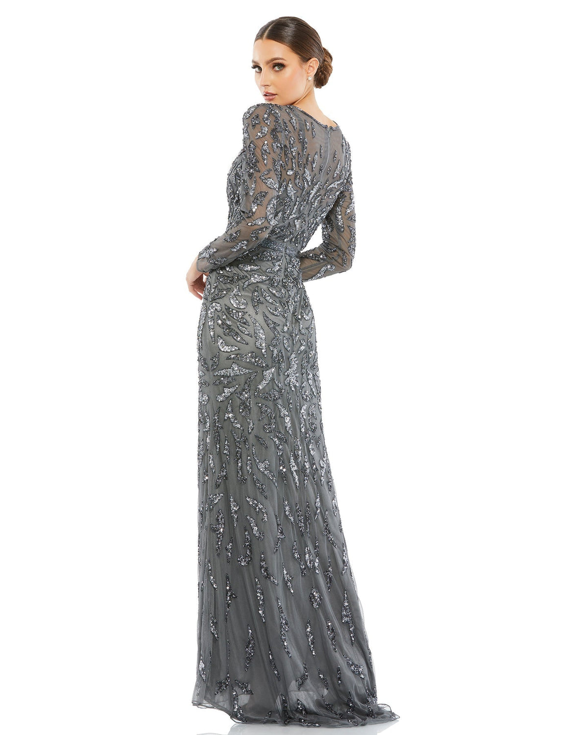 Mac Duggal Style #5124 Beaded long sleeve modest evening gown - charcoal grey side view