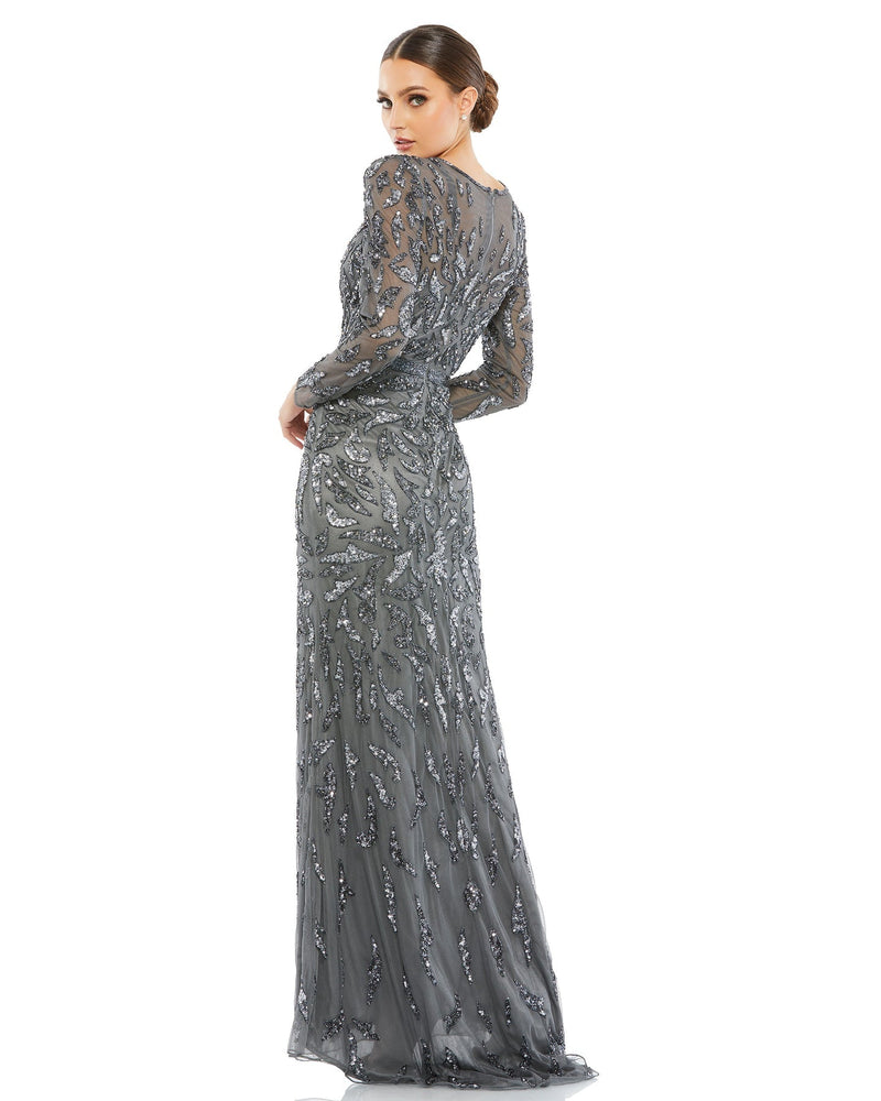 Mac Duggal Style #5124 Beaded long sleeve modest evening gown - charcoal grey side view