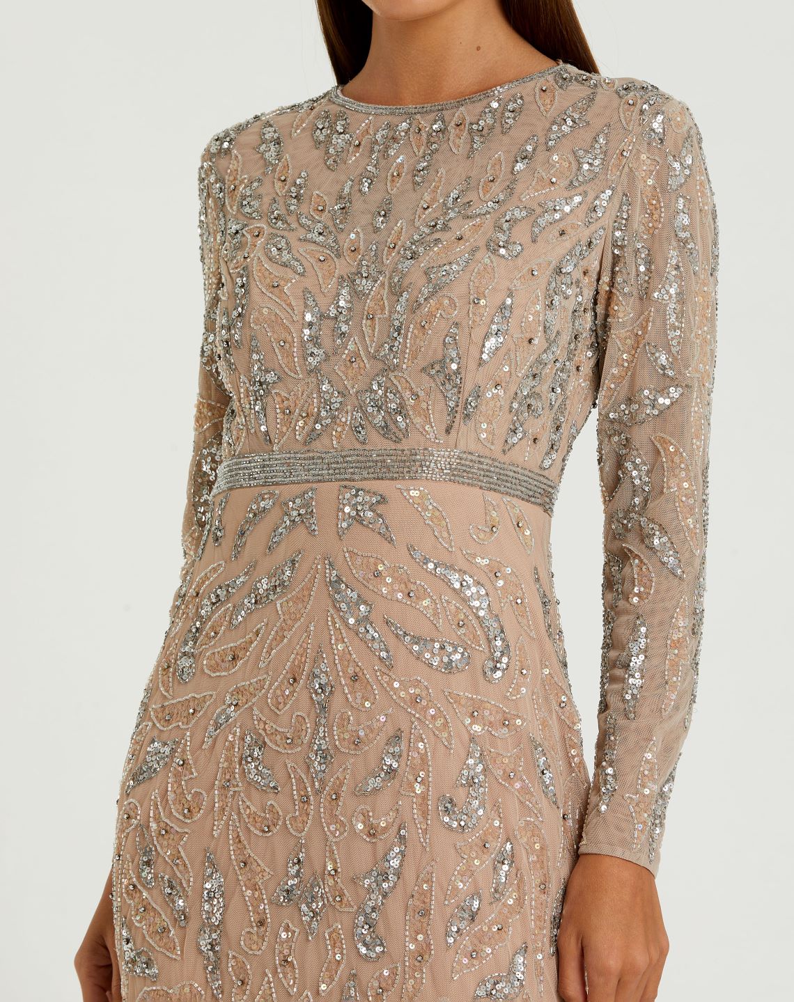 Beaded long sleeve evening gown - Mocha