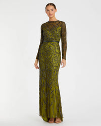Beaded long sleeve evening gown - Mocha