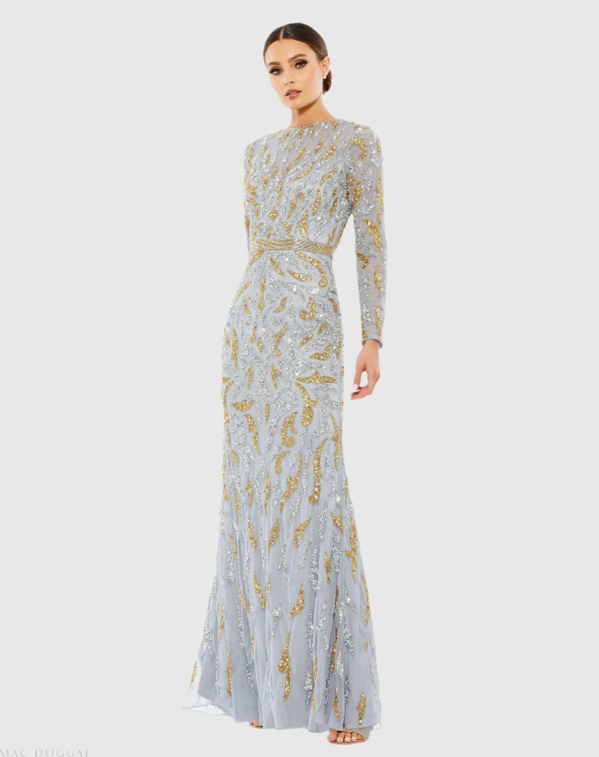 Mac Duggal #5124 platinum gold long sleeve beaded evening gown