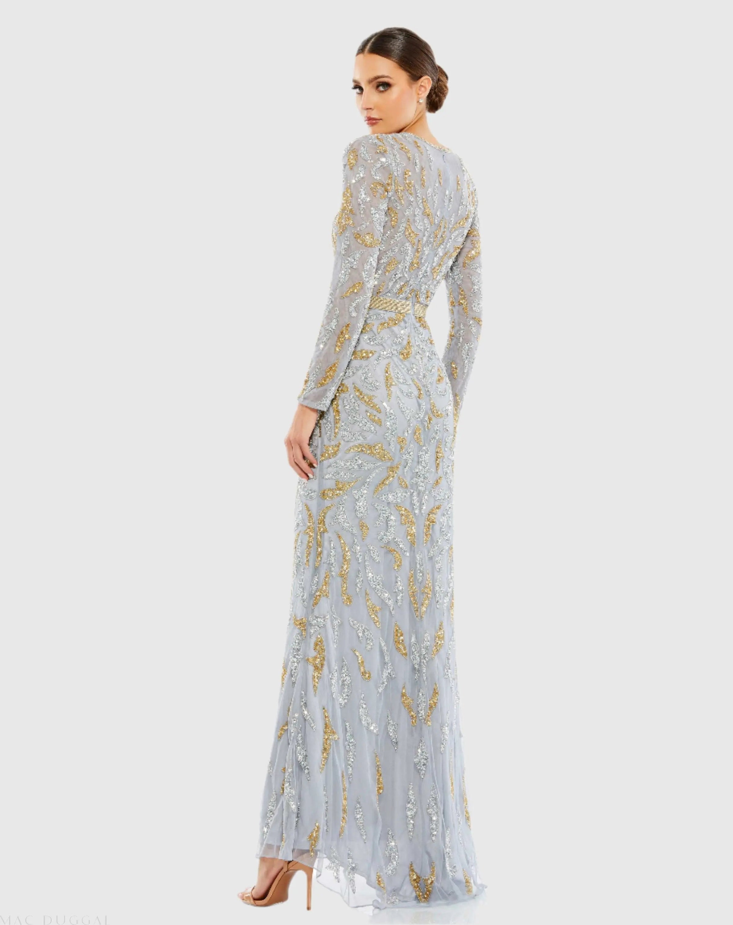 Mac Duggal #5124 platinum gold long sleeve beaded evening gown