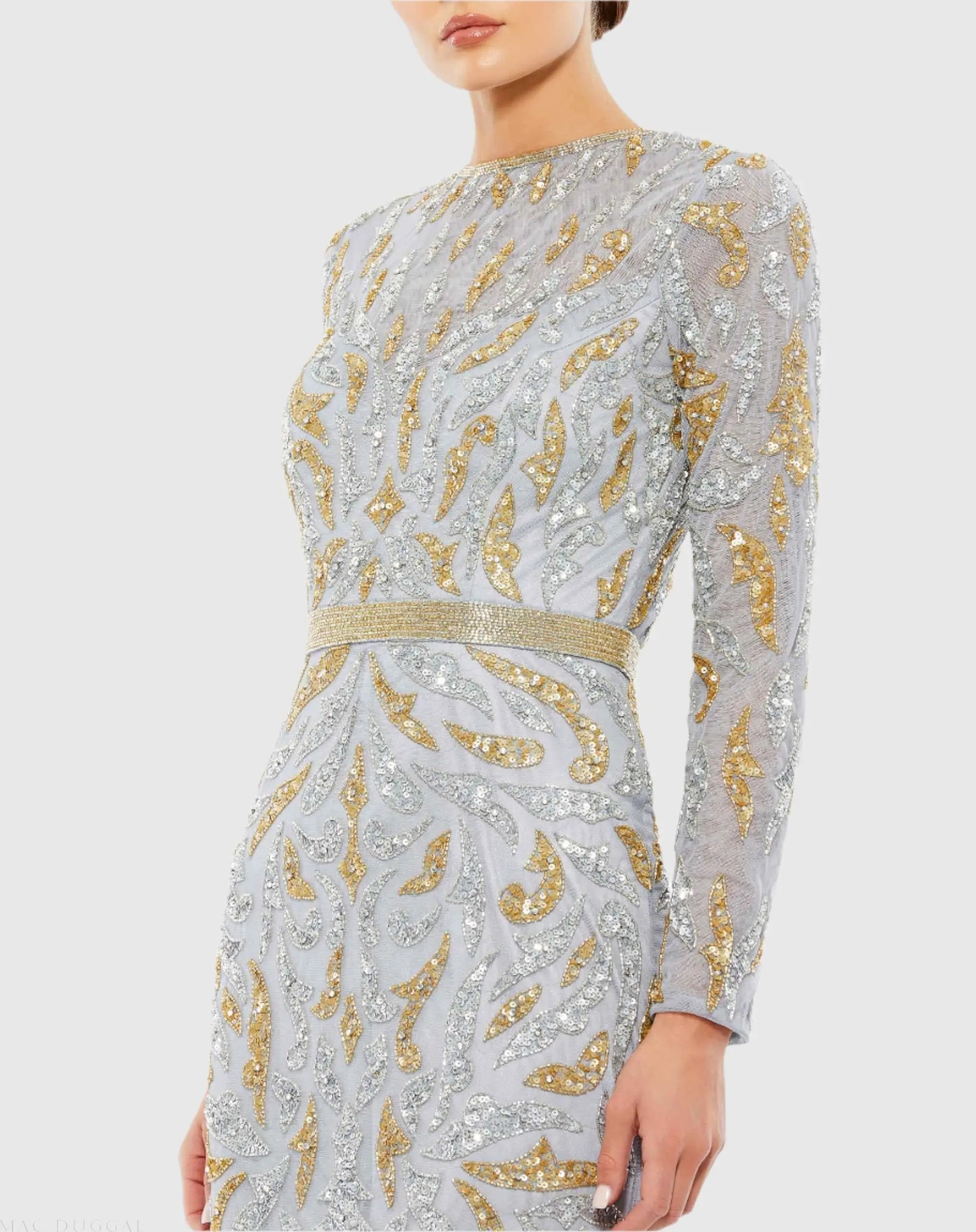 Mac Duggal #5124 platinum gold long sleeve beaded evening gown