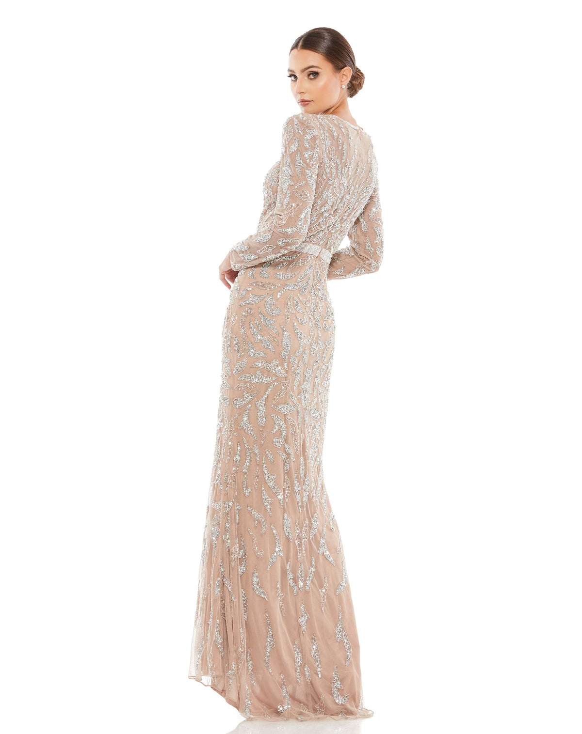 Mac Duggal Style #5124 Beaded long sleeve modest evening gown - Mocha back view