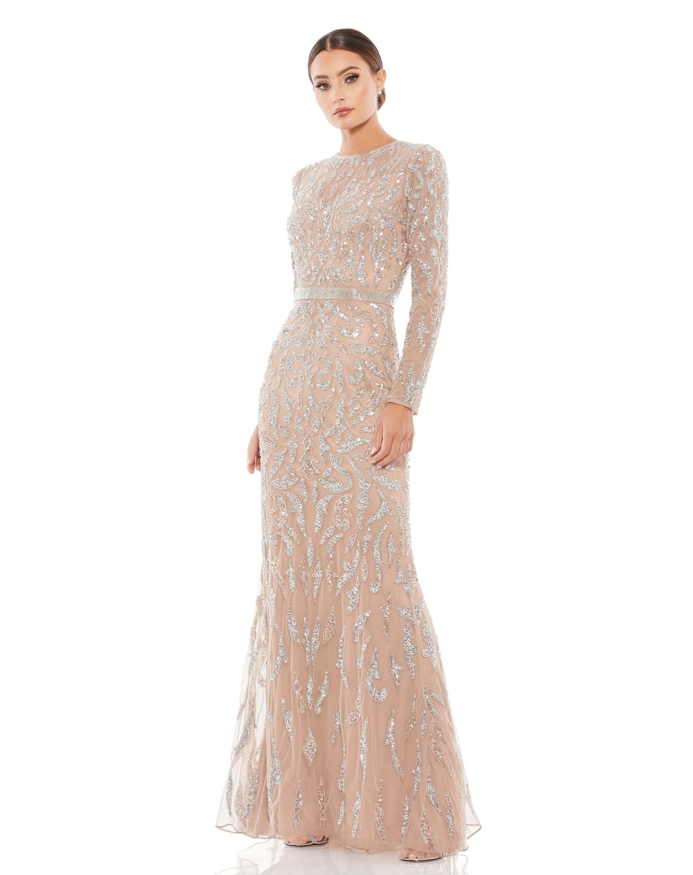 Beaded long sleeve evening gown Mocha