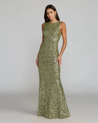 Mac Duggal #5185 High Neck Sleeveless Open Back Sequin Column Gown