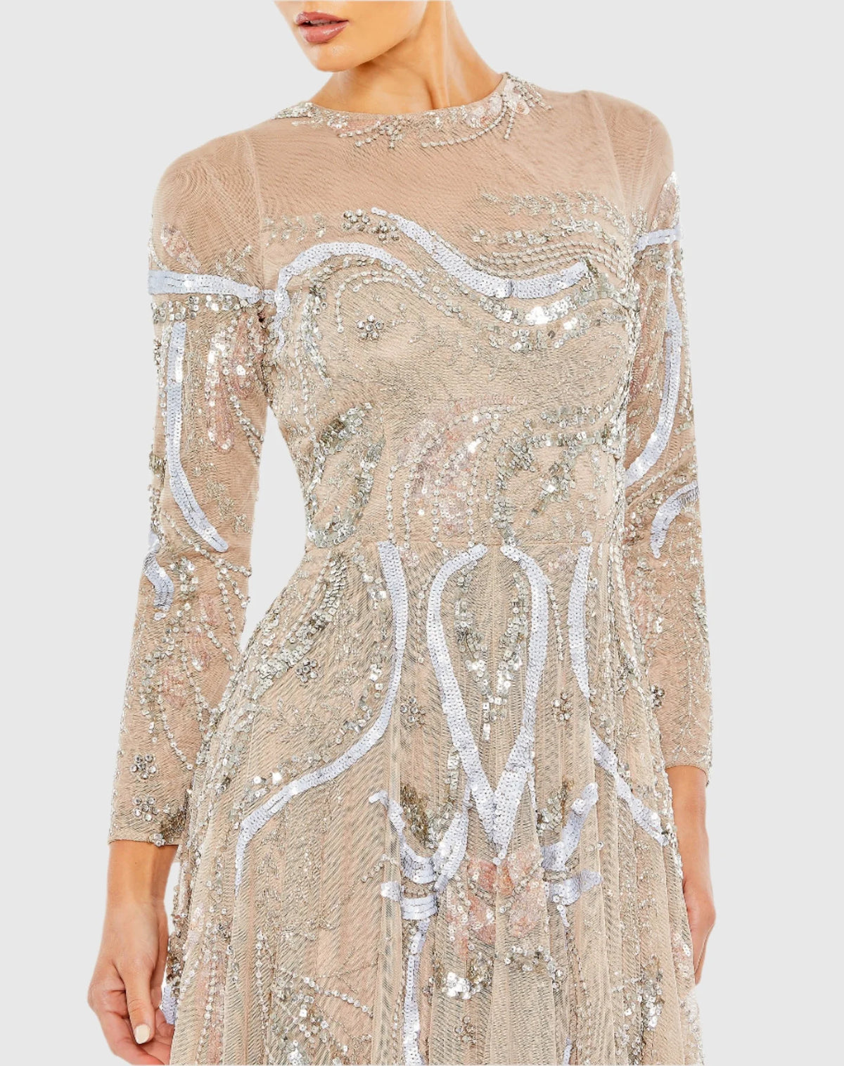 Long sleeve embellished modest evening gown - Nude