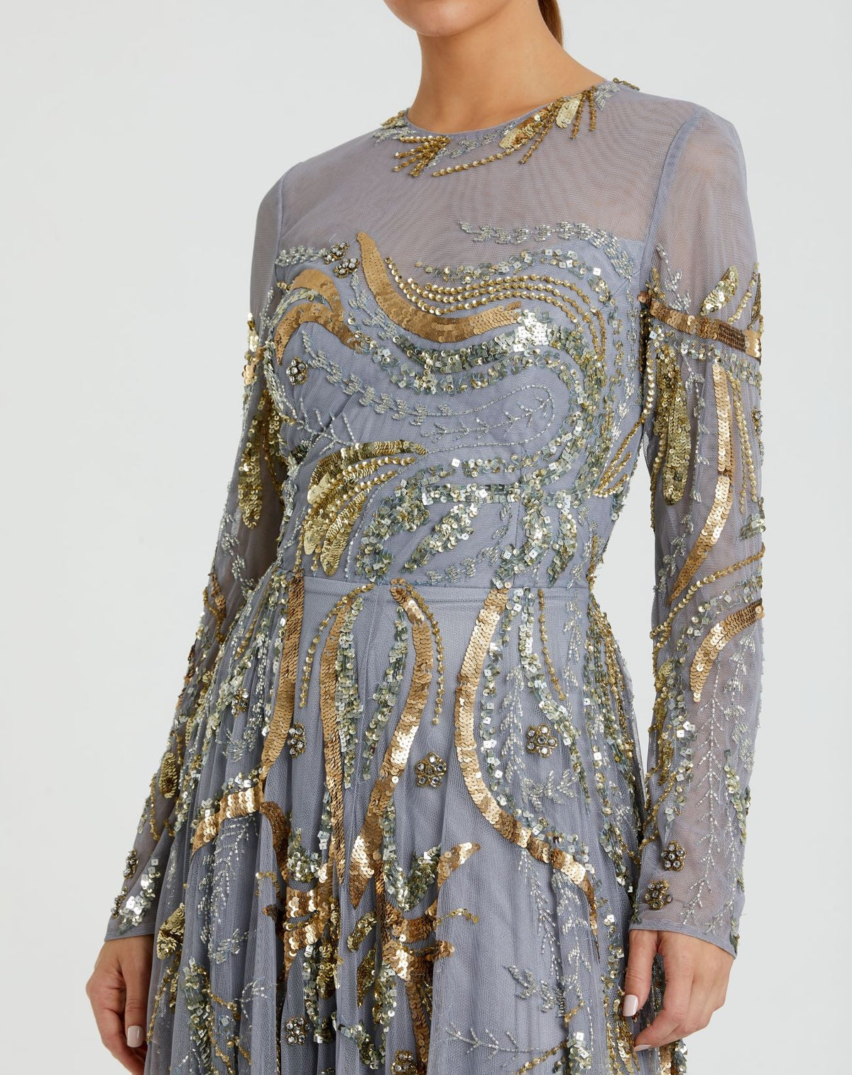 Copy of Long sleeve embellished modest evening gown - Platinum