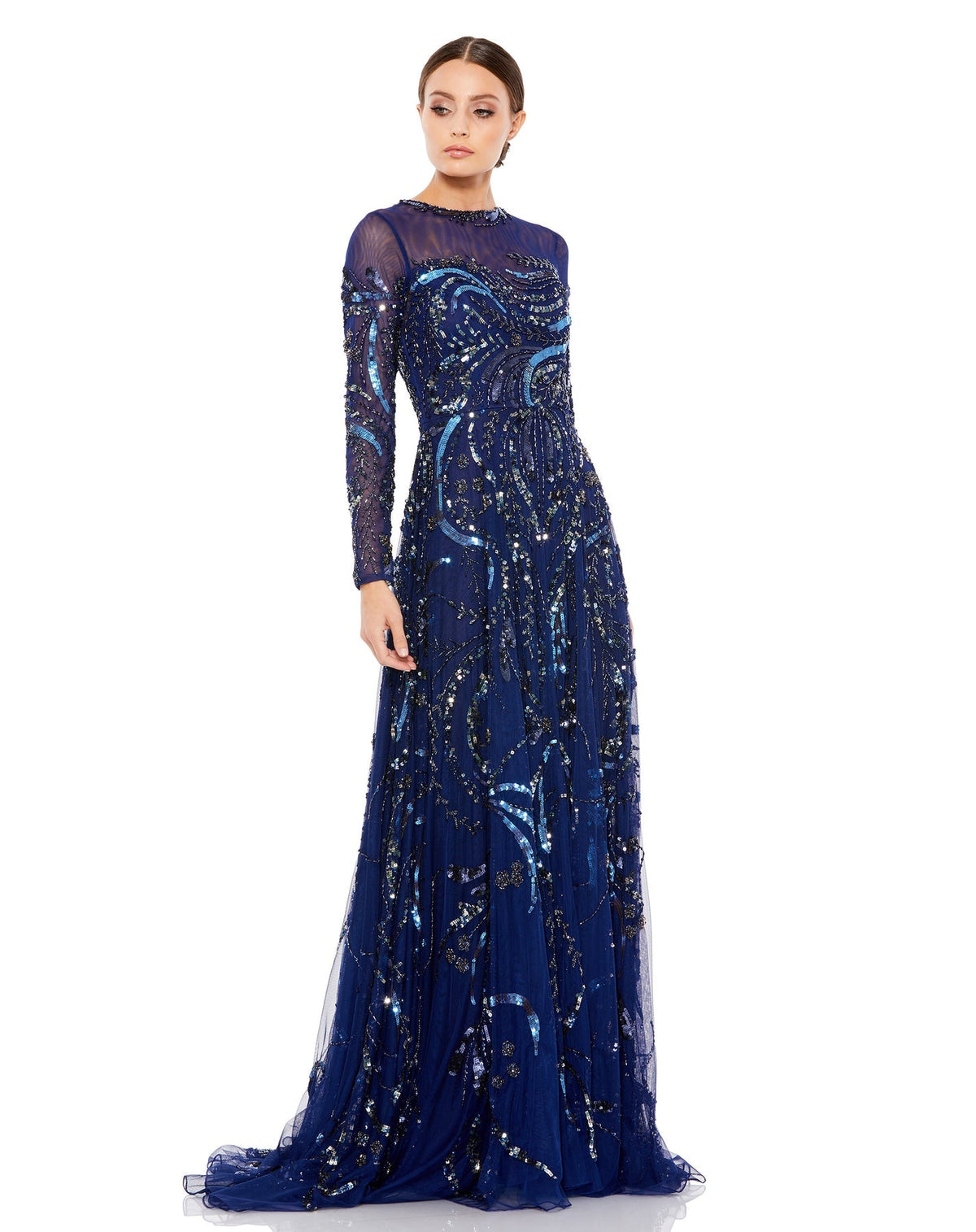 Mac Duggal, LONG SLEEVE EMBELLISHED ILLUSION EVENING GOWN, Style #5217, modest evening gown, midnight navy