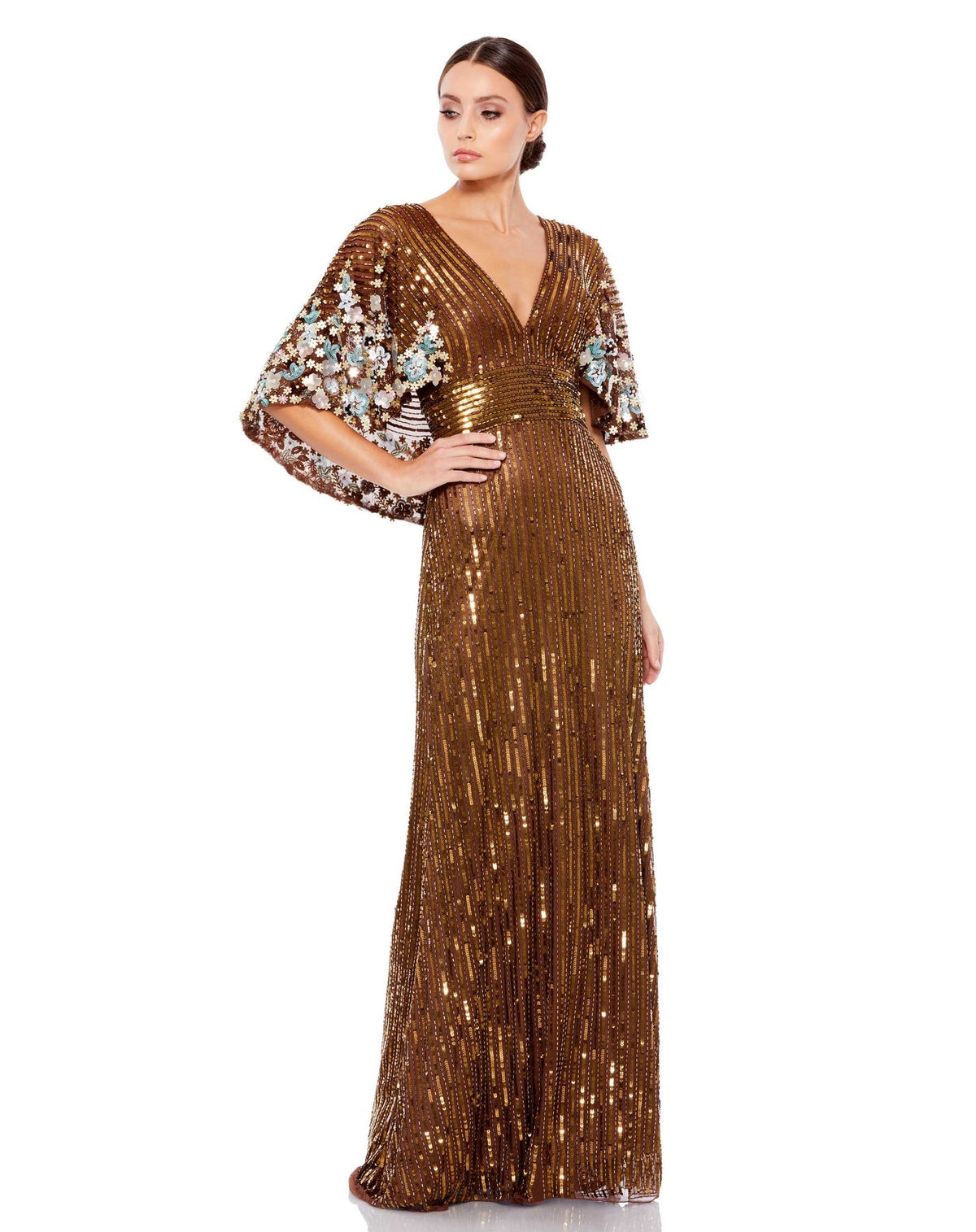 mac duggal, SEQUINED V NECK FLORAL EMBELLISHED CAPE SLEEVE GOWN, chocolate brown,  Style #5221
