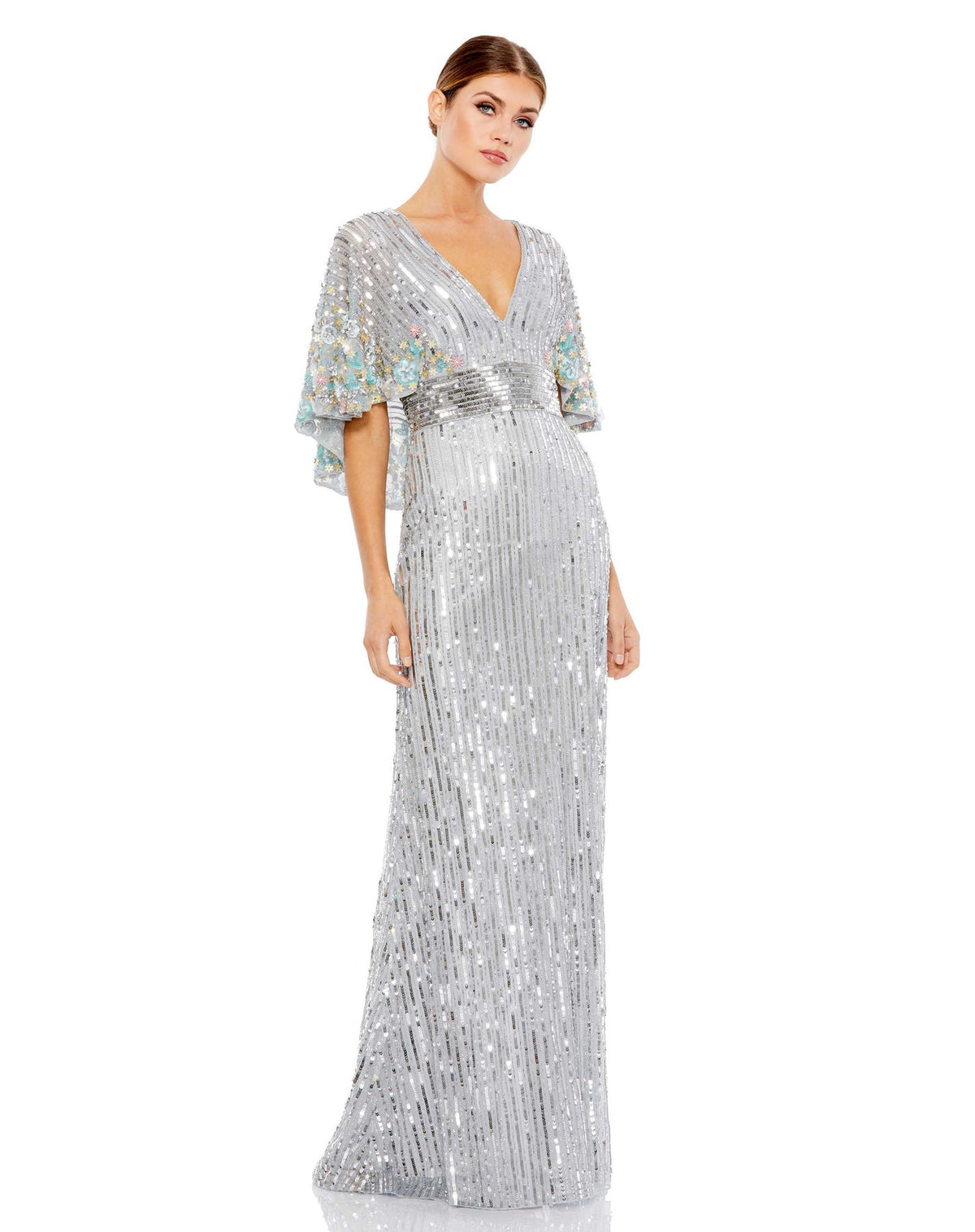 mac duggal, SEQUINED V NECK FLORAL EMBELLISHED CAPE SLEEVE GOWN, platinum silver, Style #5221