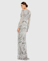 Light Pink Sequined Faux Wrap Split Long Sleeve Gown - Rose Gold