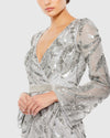 Light Pink Sequined Faux Wrap Split Long Sleeve Gown - Rose Gold