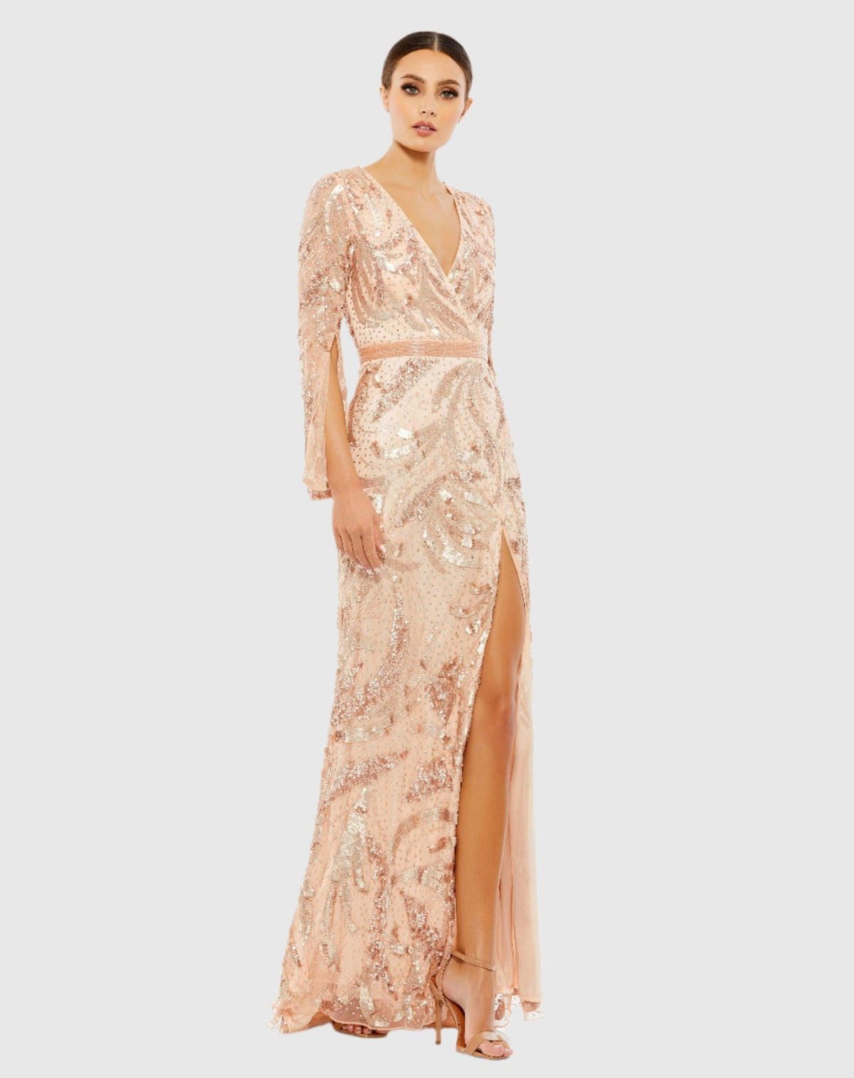 Mac Duggal Light Pink Sequin Faux Wrap Split Long Sleeve Gown #5222 Rose Gold | Shaide - Shop Women's Evening Dresses Online Shaide Boutique Mac Duggal Light Pink Sequin Faux Wrap Split Long Sleeve Gown #5222 Rose Gold | Shaide - Shop Women's Evening Dresses Online Shaide Boutique