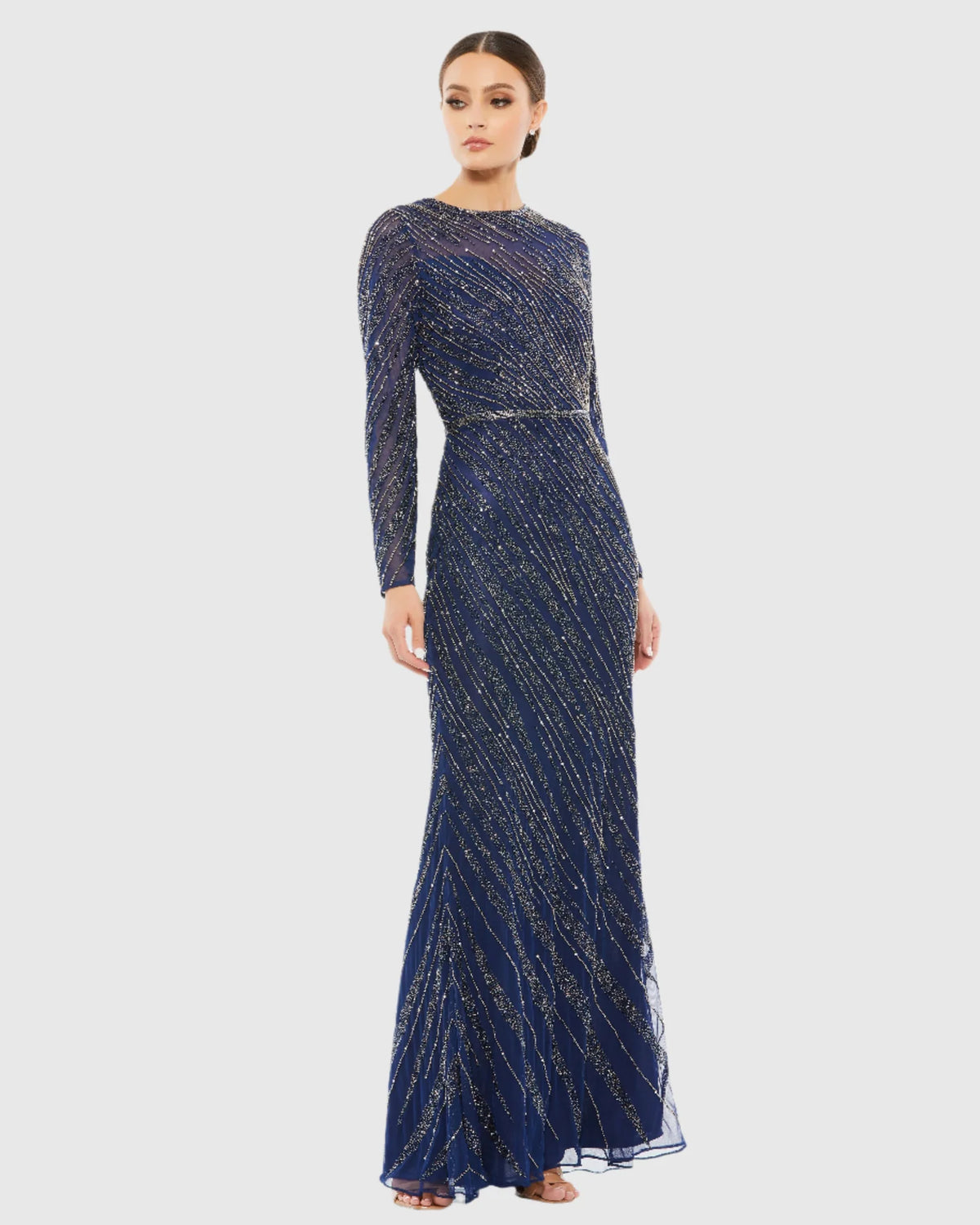 Mac Duggal, Beaded long sleeve modest evening gown, Midnight Blue #5240