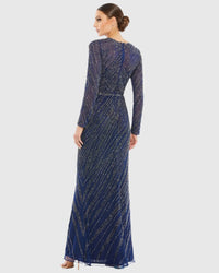 Long sleeve beaded column modest gown - Midnight