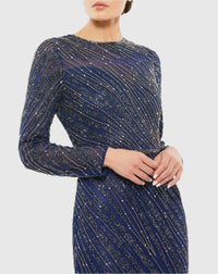Long sleeve beaded column modest gown - Mocha