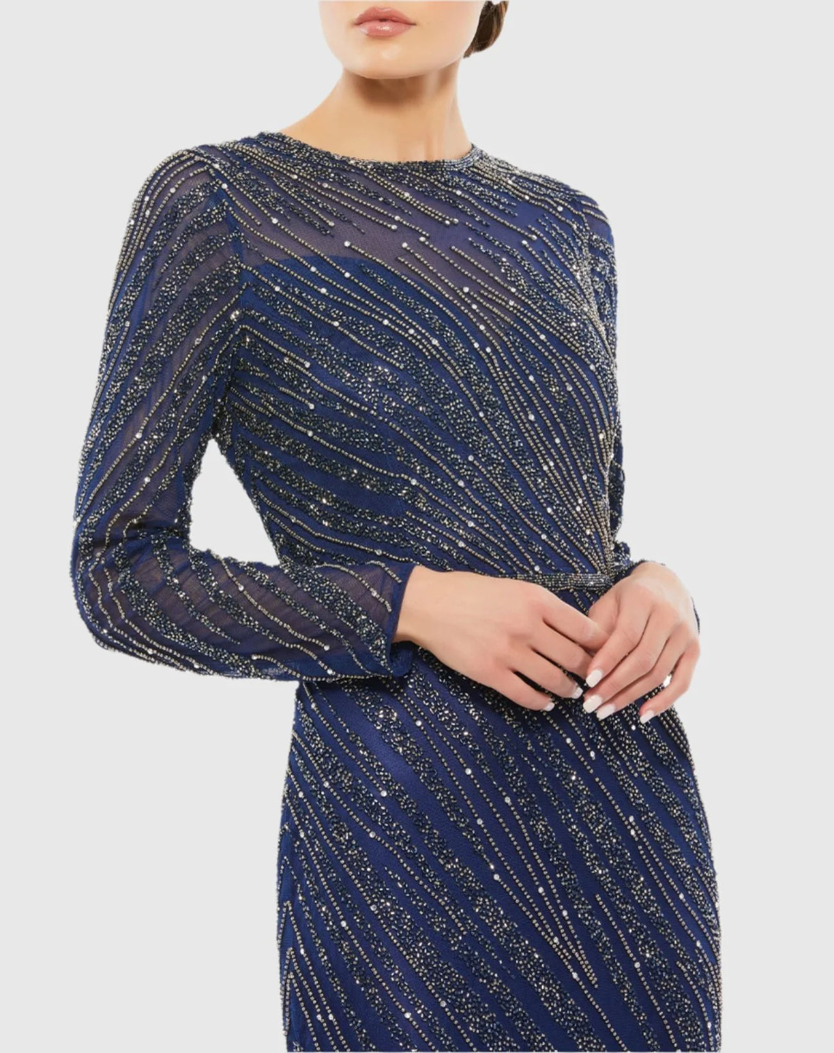 Long sleeve beaded column modest gown - Midnight