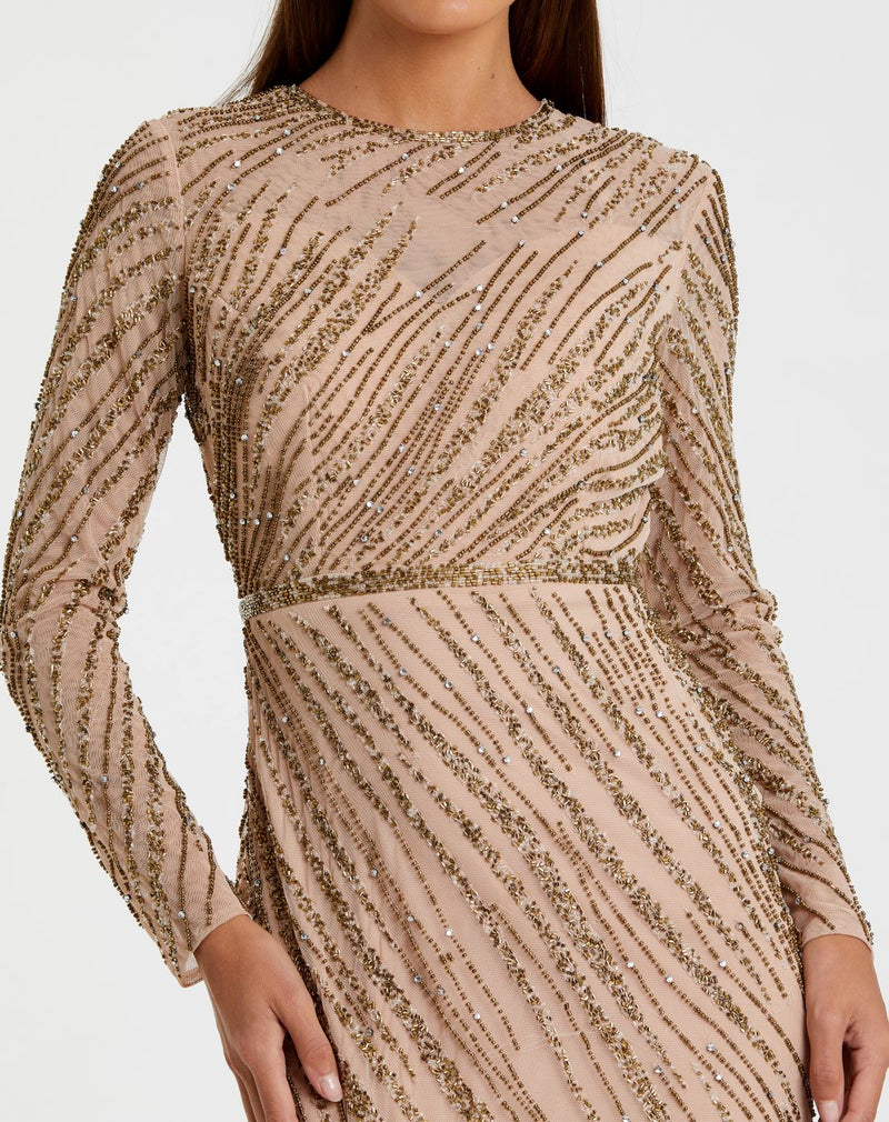 Long sleeve beaded column modest gown - Mocha