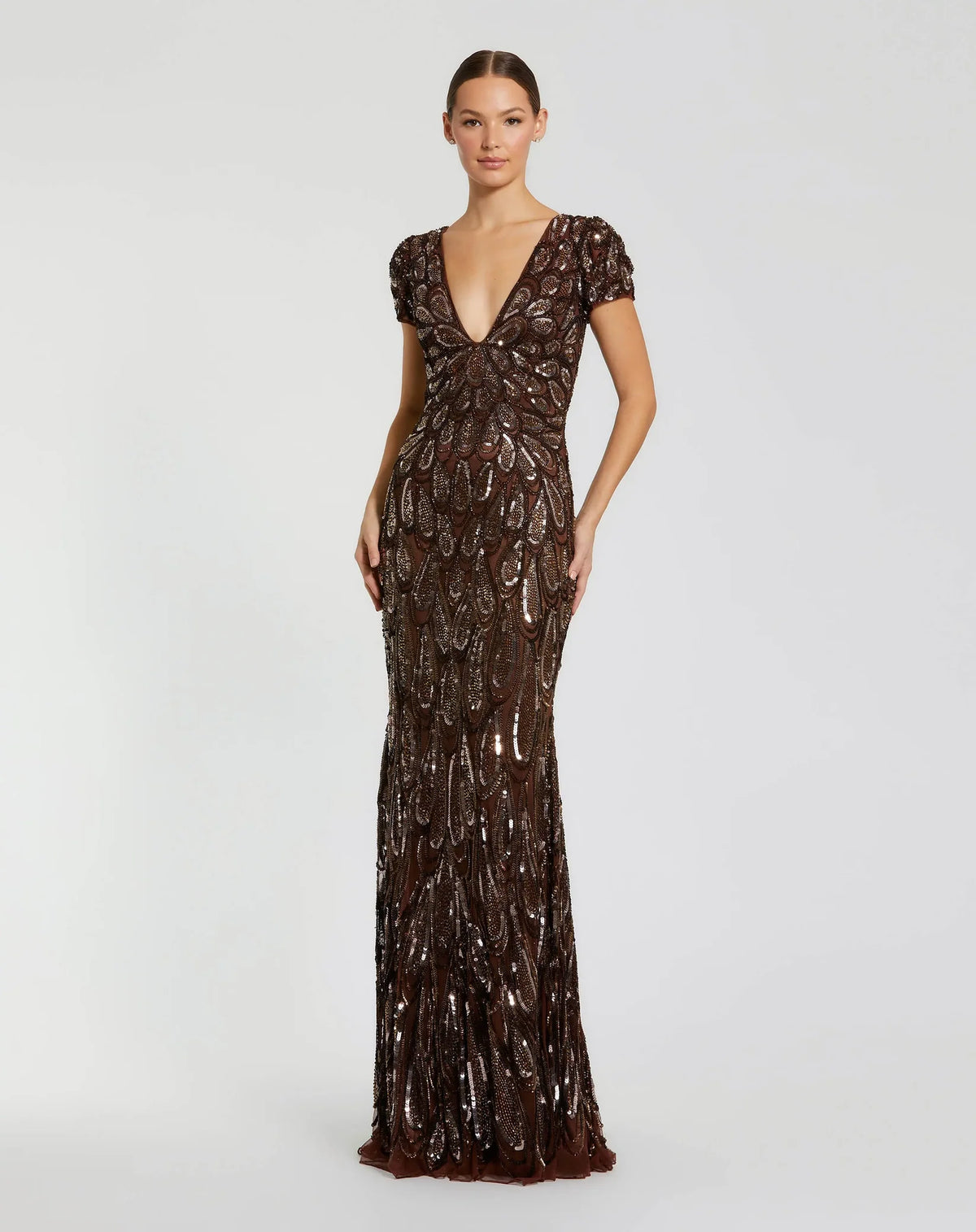 Mac Duggal Brown Beaded Embellished V Neck Cap Sleeve Column Gown #5243 Chocolate Brown|