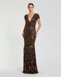 Mac Duggal Brown Beaded Embellished V Neck Cap Sleeve Column Gown #5243 Chocolate Brown|