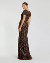 Beaded Embellished V Neck Cap Sleeve Column Gown - Brown