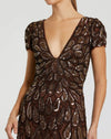 Beaded Embellished V Neck Cap Sleeve Column Gown - Brown
